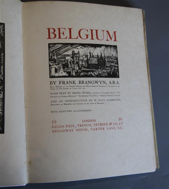Brangwyn, Frank - Belgium, folio, vellum (lacking silk typing ribbon), text by Hugh Stokes, introduction by Paul Lambotte, 52 wood